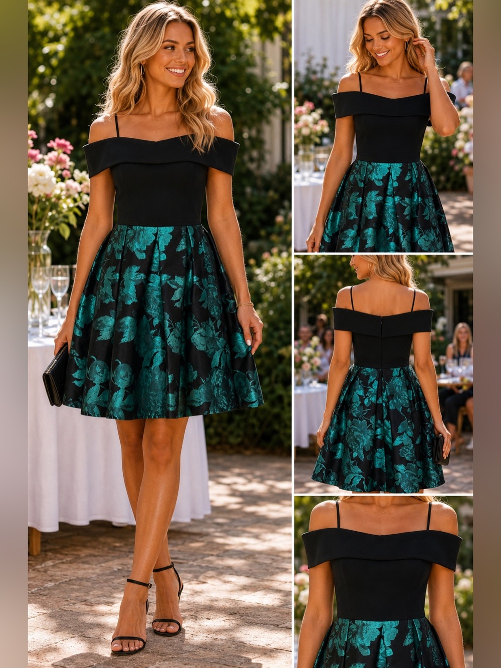 Morgan & Co Black Teal Floral Off Shoulder Fit Flare Party Dress 9 M Wedding